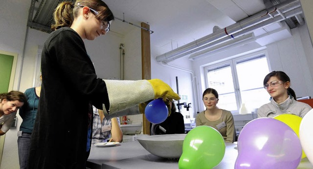 Interessierte Mdchen beim Experiment mit aufgeblasenen Luftballons.   | Foto: Ingo Schneider