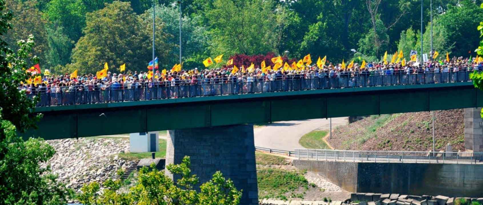Eine Rheinbr�cke voller AKW-Gegner: Protest zwischen Neuf Brisach und Breisach.  | Foto: dpa