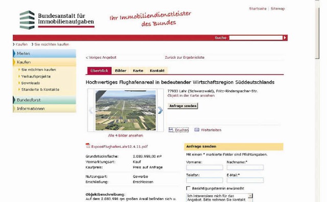 Screenshot der Prsentation des Lahrer Flugplatzes auf der BIMA-Internetseite  | Foto: REPRO: BZ