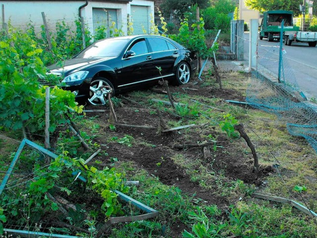 Der Mercedes durchbrach den Zaun und blieb im Garten stecken.  | Foto: Polizei