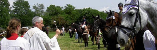Schrecksekunde: Pfarrer Sailer segnet eins von gut 20  Pferden mit Weihwasser.   | Foto: Wendt