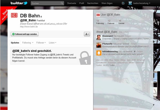 Kurz vor dem Start: Die Twitter-Seite der Bahn.  | Foto: bz