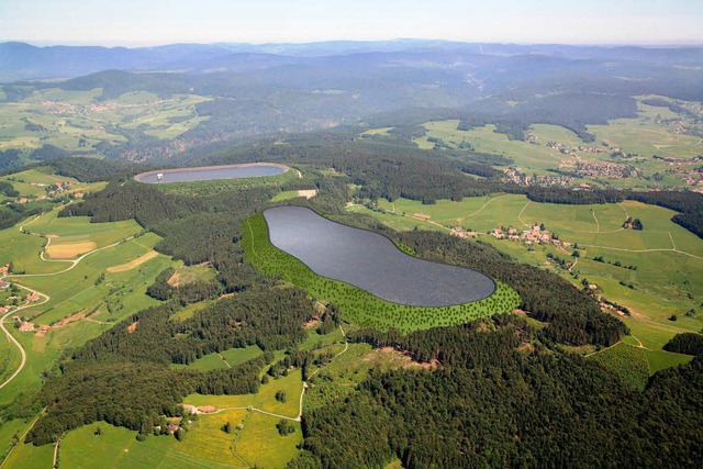 Die beiden Oberbecken &#8211; hinten das bestehende, vorne das geplante.  | Foto: ZVG