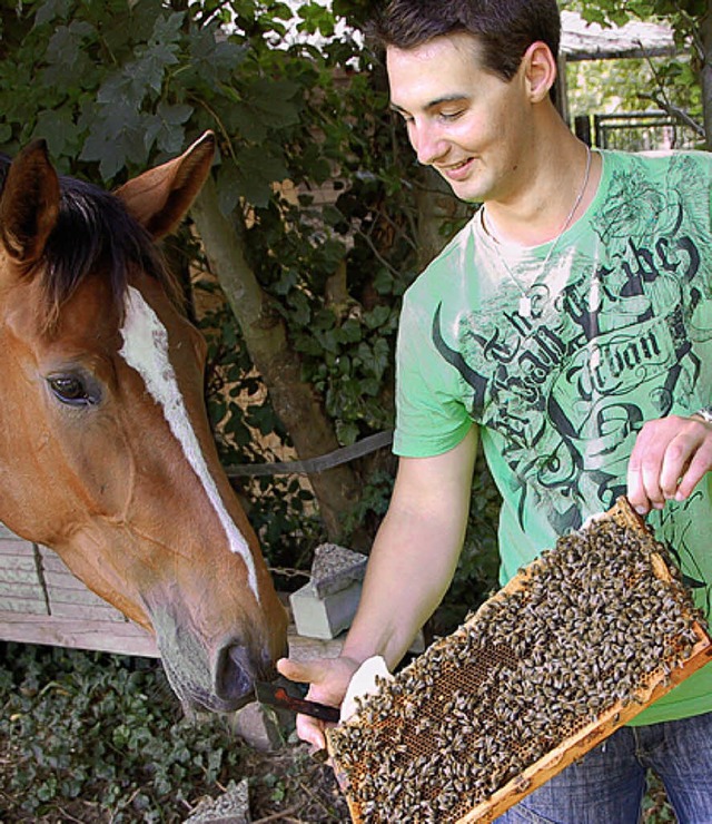 Snke Nienstedt und Pferd Blinky haben bei Bienen keine Berhrungsngste.   | Foto: U. Derndinger