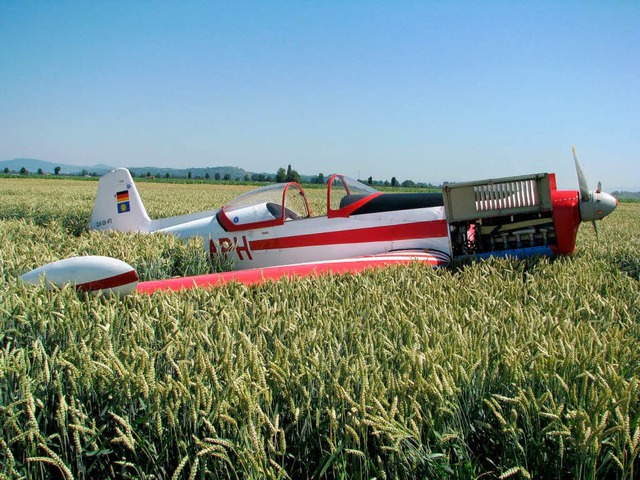 Das kleine Flugzeug hat die Notlandung im Kornfeld fast unbeschadet berstanden.  | Foto: Feuerwehr Bad Krozingen