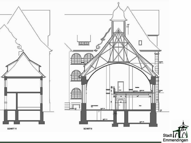 Der Plan der Stadt Emmendingen zeigt einen Schnitt der alten Turnhalle (rechts).  | Foto: Stadtverwaltung