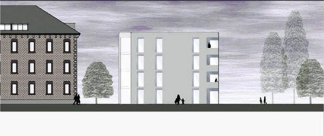 Ansicht von der Grabenallee: Links das...n vier viergeschossigen Wohnkomplexen.  | Foto: Skizze: Falk Immobilien/Rogg Architekten
