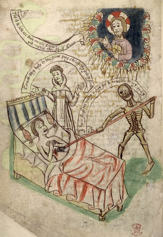 Die Darstellung aus dem 15. Jahrhunder...gt einen Mann, der an der  Pest stirbt  | Foto: dpa