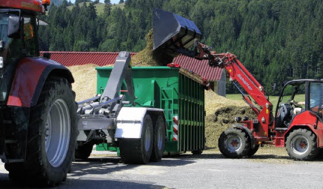 Auf dem Goldbachhof werden die Hackschnitzel in die Spezialcontainer verladen.  | Foto: Ulrike Spiegelhalter