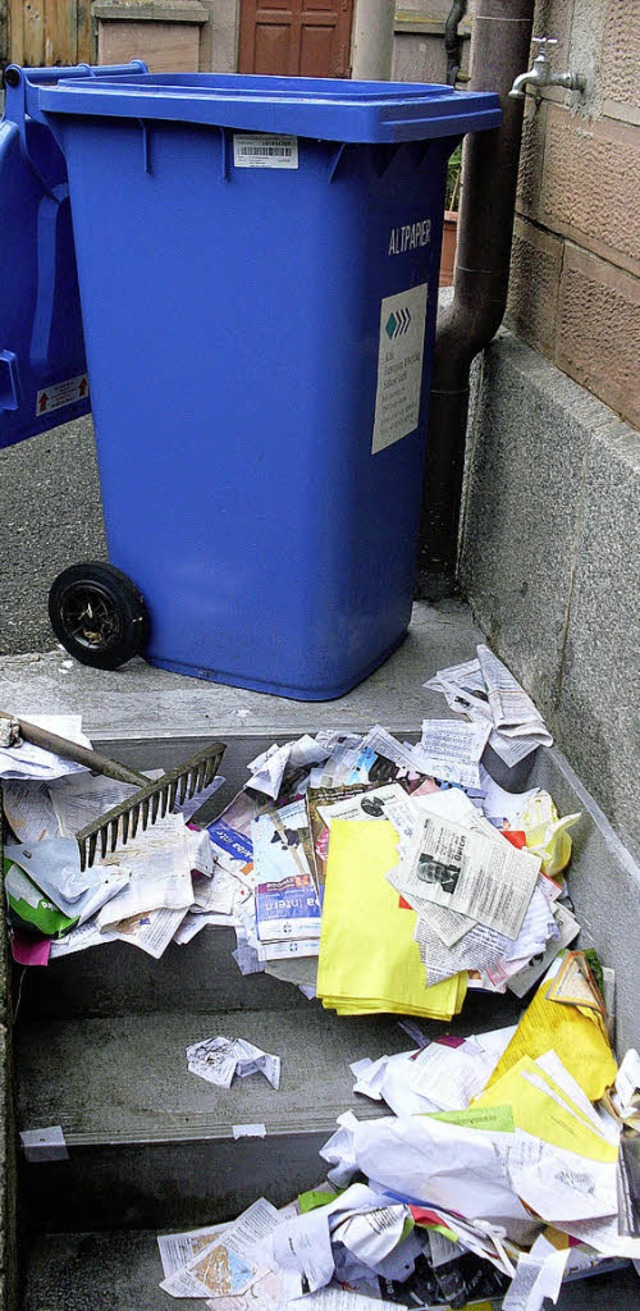 Eine Papiertonne wurde die Treppe hinuntergeworfen.   | Foto: Privat