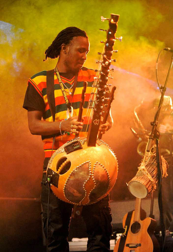 Die beidhndig gezupfte Stegharfe "Kora" ist eines der typisch westafrikanischen Instrumente, mit denen Tiken Jah Fakolys Band des Reggae ergnzt