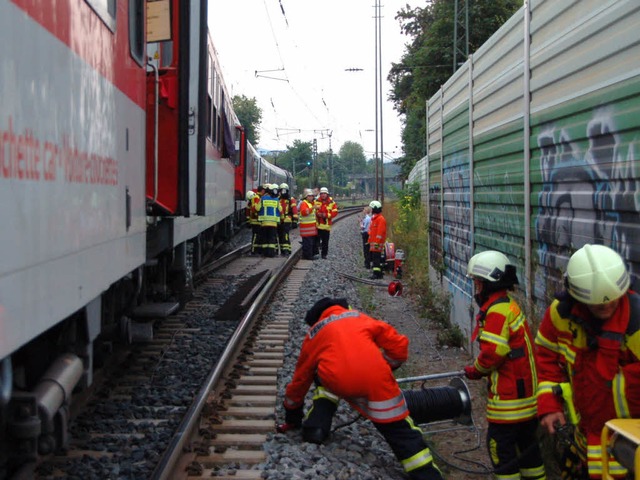 Feuerwehreinsatz an der Bahnstrecke: D... brennende Bremsanlage rasch im Griff.  | Foto: Andrea Steinhart
