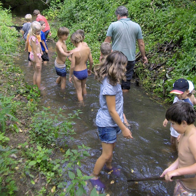 Zusammen mit Frster Klaus Scherer su... die Kinder den Waldseebach in Reute.   | Foto: Privat