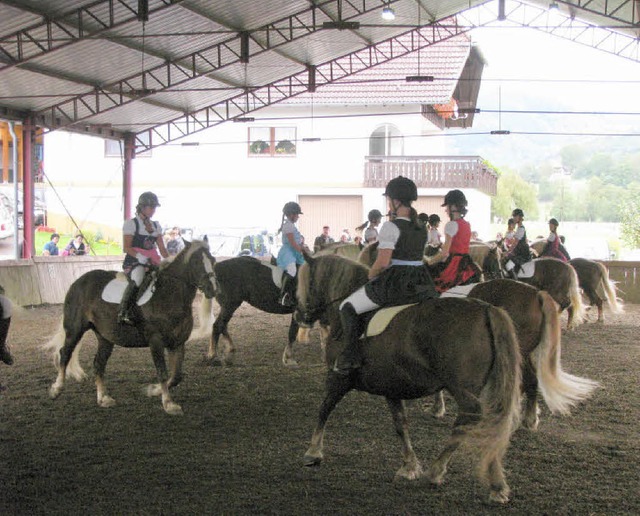 Reitquadrille mit 16 Amazonen im Dirndl-Look.   | Foto: Monika Rombach