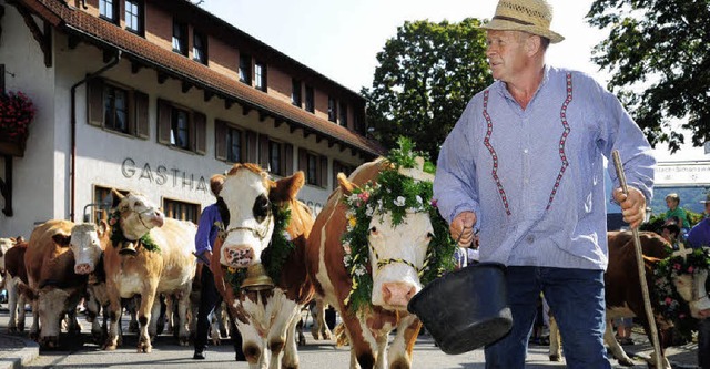 Almabtrieb: Bunt geschmckt flanierten...arco und Hubert Wehrle durch den Ort.   | Foto: H. Dauenhauer