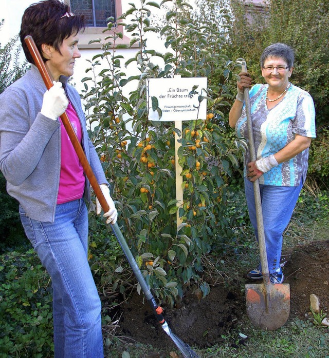 Angelika Schnell (rechts) und Andrea G...tag den Apfelstrauch alleine pflanzen.  | Foto: Elfriede Mosmann