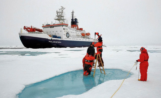 Na, wie tief geht es noch? Forscher de...ie Dicke des Arktiseises mit Bohrern.   | Foto: Hendricks