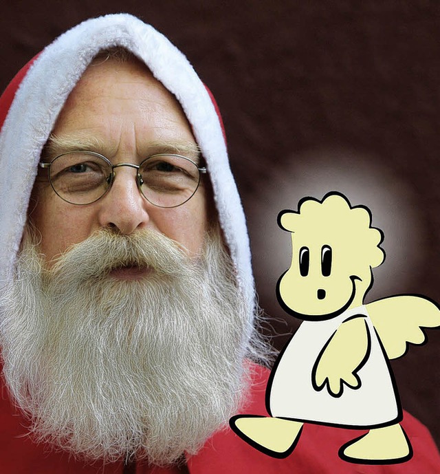 Weihnachtsmann Kurt Renk und Maskottch...e Engel, um die Kinder zu beschenken.   | Foto: BZ