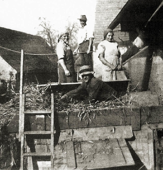 Zum Dreschen wurden frher viele Helfer bentigt.   | Foto: Blansche