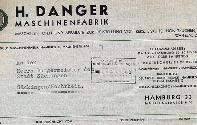 Briefkopf der Maschinenfabrik F. Danger, vom 28.&#8197;Januar 1943   | Foto: Stadtarchiv