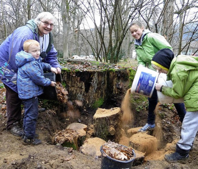 In Aktion beim Bau der Hirschkfer-Pyr... und Laub zwischen die  Eichenhlzer.   | Foto: Andreas Braun