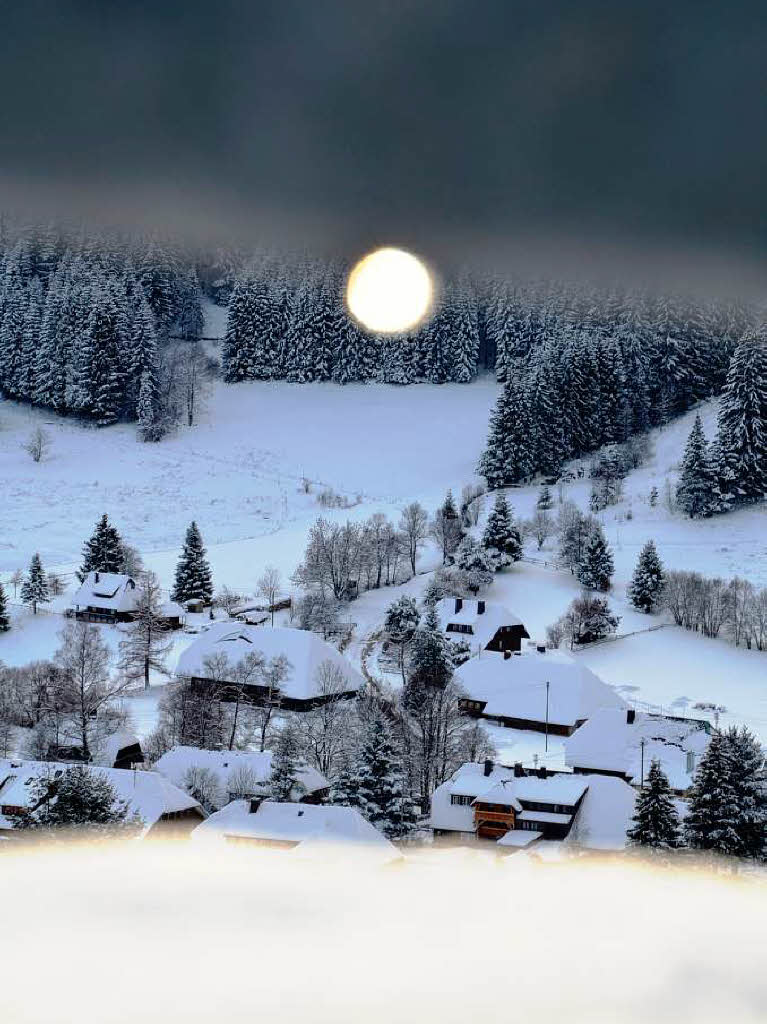 Winteridylle: Blick auf Menzenschwand zwischen Schneeberg und Leitplanke hindurch