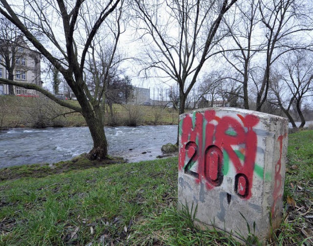 Der Flusskilometerstein 20,0 an der Dreisam hat schon einige Kollegen verloren.   | Foto: Michael Bamberger