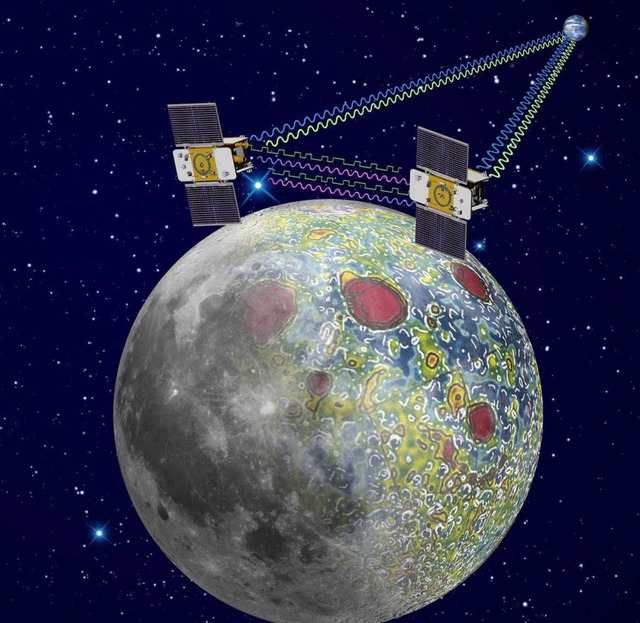 Das Schaubild zeigt die beiden &#8222;Grail&#8220;-Sonden ber dem Mond.  | Foto: dpa