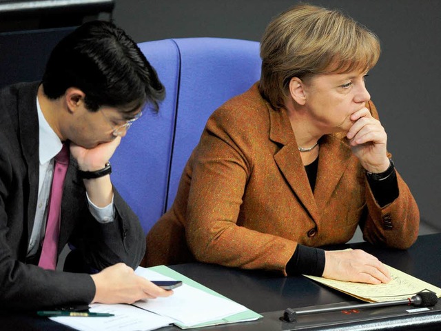 Meinungsverschiedenheiten bei der Fina...uer: Philipp Rsler und Angela Merkel.  | Foto: dpa