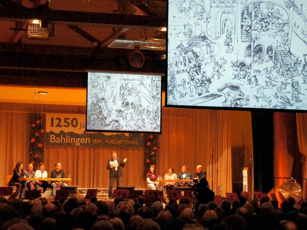 Festbankett 1250 Jahre Bahlingen: Auf groen Leinwnden konnten alle in der Halle das Geschehen verfolgen.