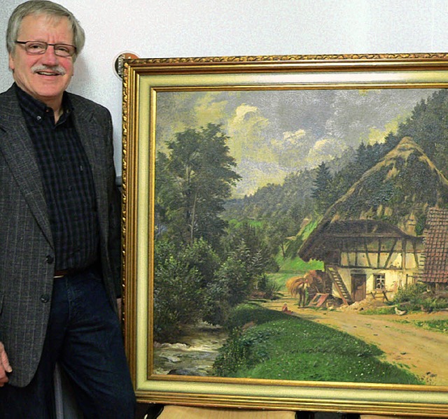 Referent Clemens Wittwer mit einem Bil...n hat der Knstler Glashtten gemalt.   | Foto:  Georg Diehl