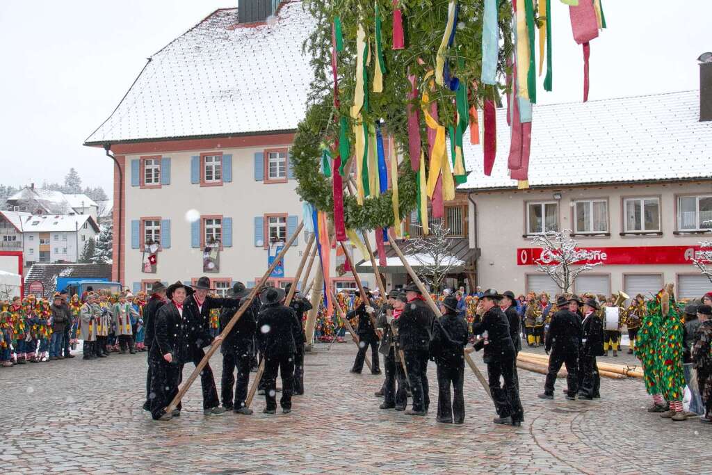 Die Zimmermannszunft und die Lenzkircher Dengele stellten den Narrenbaum