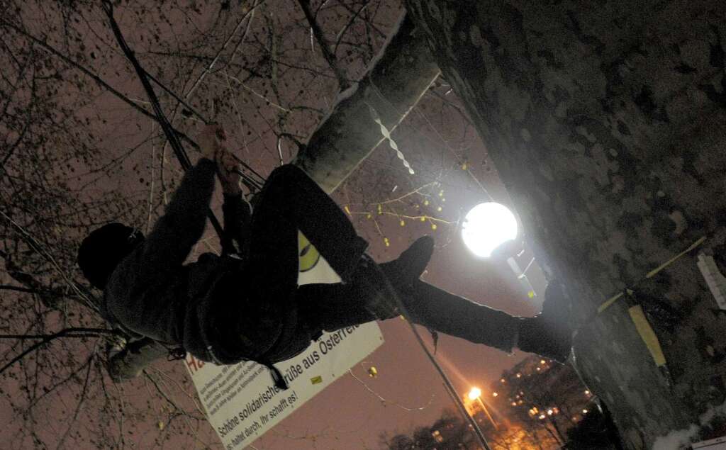 Ein Aktivist klettert vor der Rumung auf einen Baum