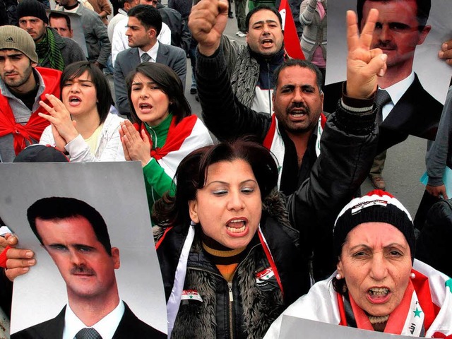 Im Bild: eine Pro-Assad-Demonstration ...en sich Kritiker aus ber 70 Staaten.   | Foto: dpa