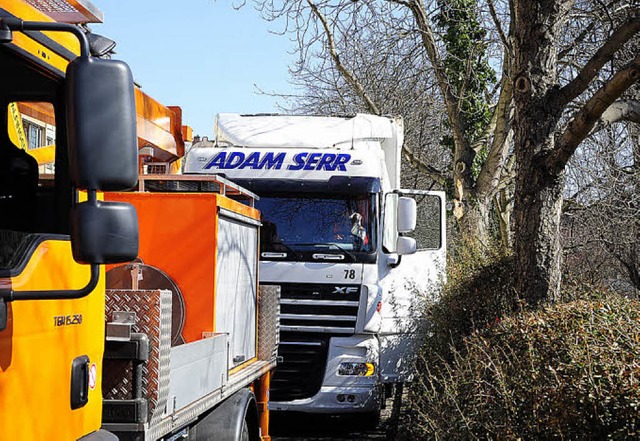 Zwischen Zugmaschine und Auflieger ver...cker Ast und stoppte so den Lastwagen.  | Foto: Thomas Kunz