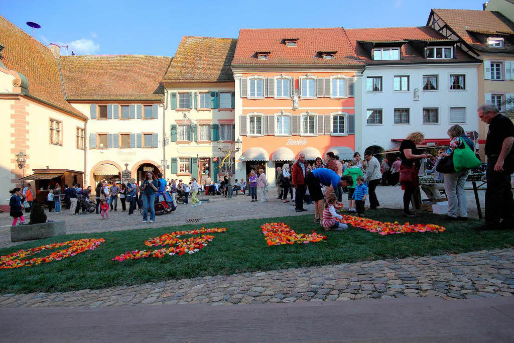 Bltensonntag in Endingen: Immer dichter wurde die Zahl 1150 – ein Hinweis aufs Stadtjubilum – auf dem Rollrasen am Marktplatz