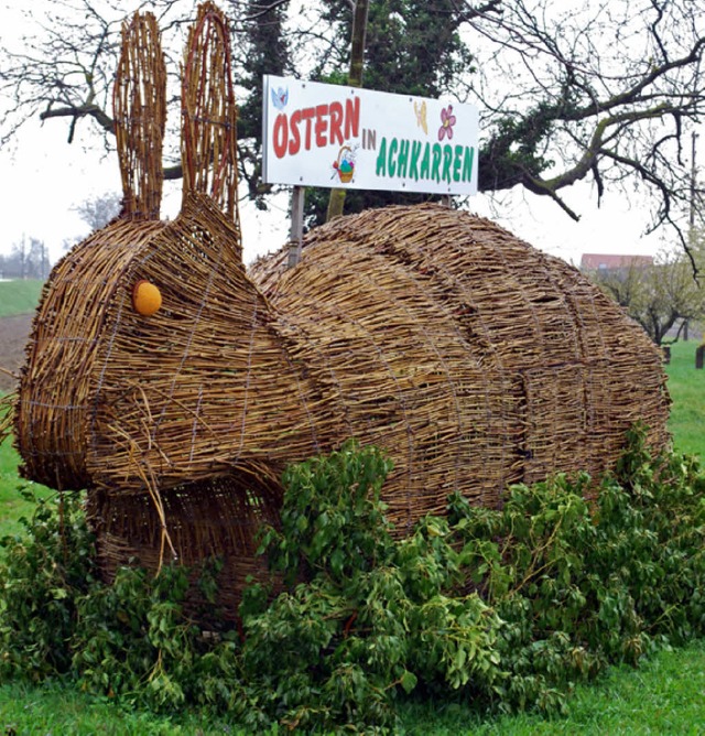 Der groe Osterhase aus Rebholz steht ...eisverkehr, sondern auf  einem  Acker.  | Foto: bohn