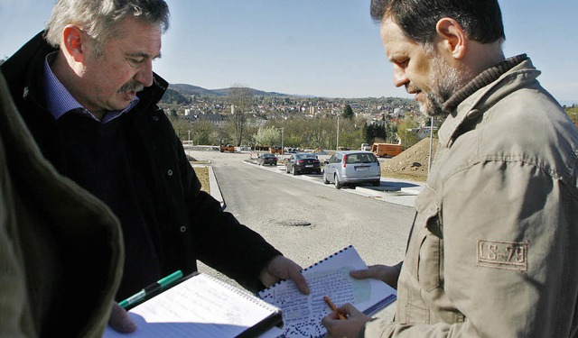 Vor Ort: Michael Kleinthom (links) un...rg Ltkenhaus im Baugebiet Hosenmatten  | Foto: HEIDI FSSEL