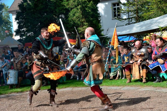 Mit Feuer und Schwert gehen  sich die Ritter im Schlosspark an den Kragen.  | Foto: stefan sahli