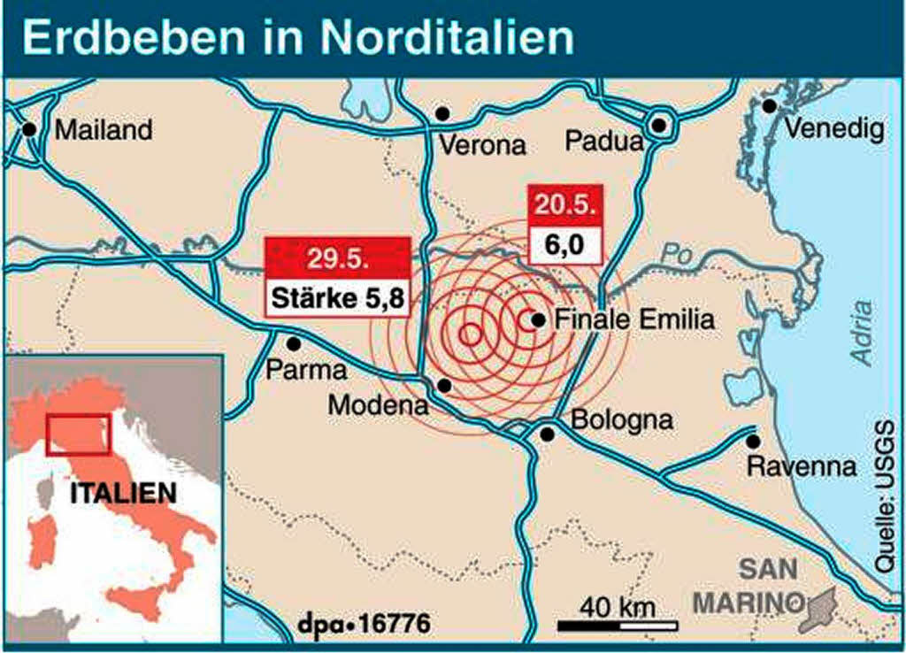 Das Beben der Strke 5,8 hatte ebenso wie das Erdbeben am 20. Mai sein Epizentrum bei Modena in der Region Emilia-Romagna.