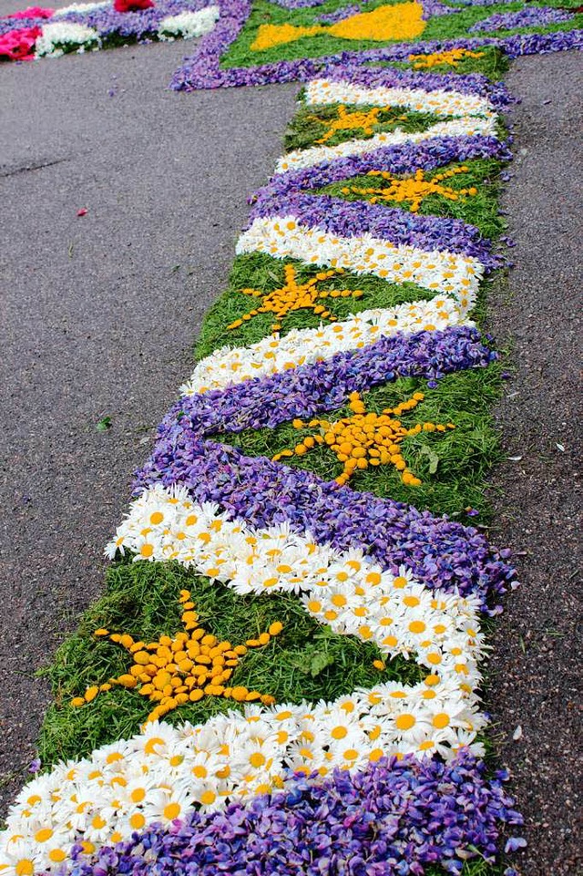 Frhmorgens legten Anlieger des Prozes...en Blumenteppich durch das Unterdorf.   | Foto: Christa Maier