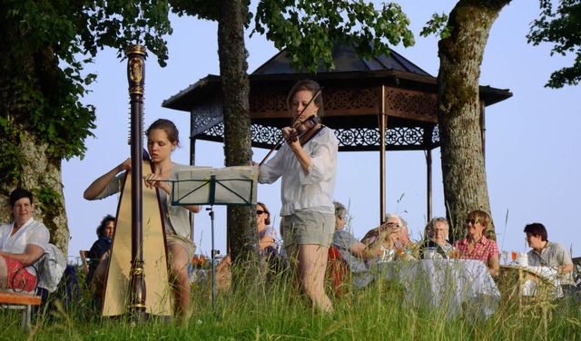 Zum gemtlichen Plausch, in beschaulic...pruchsvollem Spiel an Harfe und Geige.  | Foto: Martha Weishaar