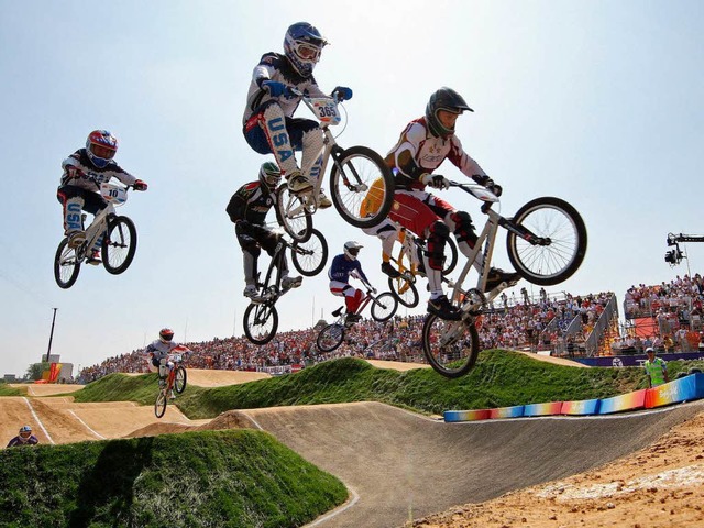 40 Sekunden dauert ein BMX-Rennen. Jew...i der olympischen Premiere in Peking.   | Foto: AFP/dapd