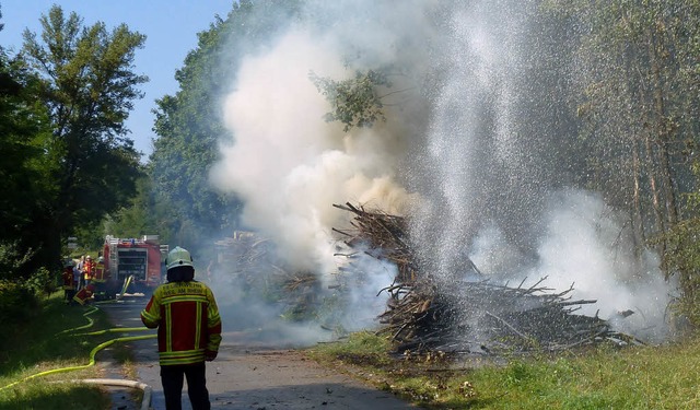 35 Wehrleute waren bei Mrkt im Einsat...en Brand eines Holzlagers zu lschen.   | Foto: Feuerwehr