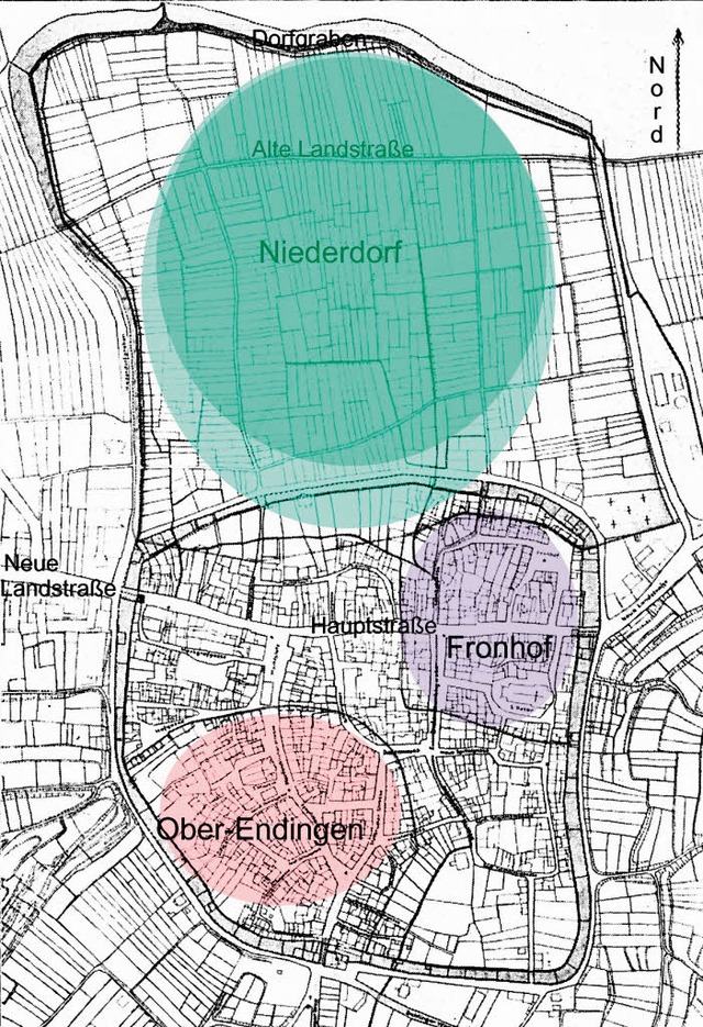 Historischer Plan von Endingen, gezeic...acks 3 Siedlungskerne farbig unterlegt  | Foto: Repro: Jrgen Simon