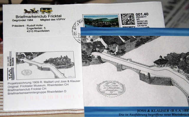 Ansichtskarte und Briefumschlag mit Postfreistempel 100 Jahre Rheinbrcke  | Foto: Martina Proprenter