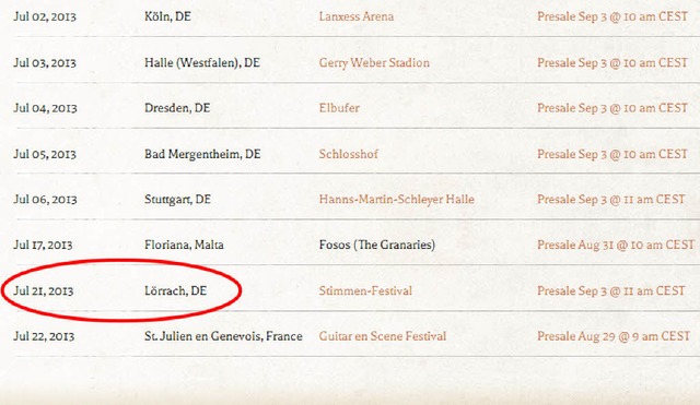 Screenshot von Mark Knopflers Website:...uot;Stimmen&quot;-Festival in Lrrach.  | Foto: Screenshot BZ