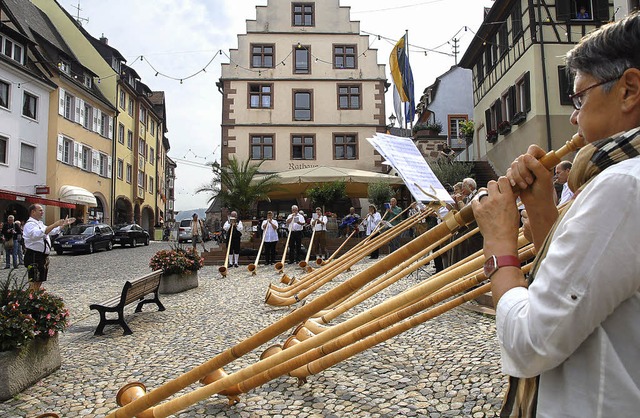 25 Alphornblserinnen und Alphornblse...dings eine Stunde spter als geplant.   | Foto: Roland Vitt