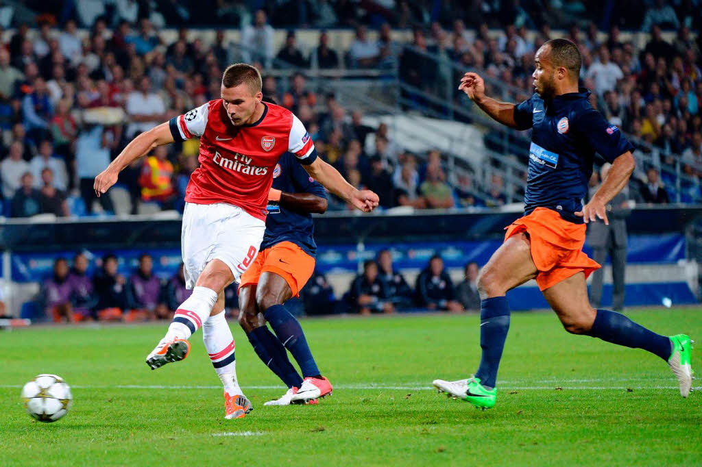 In Torlaune: Lukas Podolski hat im dritten Spiel in Folge fr den FC Arsenal getroffen. Der Klub aus London schlug Gastgeber Montpellier  mit 2:1.