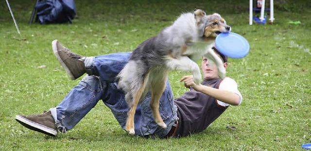 Beim Hunde-Frisbee-Wettbewerb in Kirch...erbeiner der runden Scheibe entgegen.   | Foto: Andreas Peikert